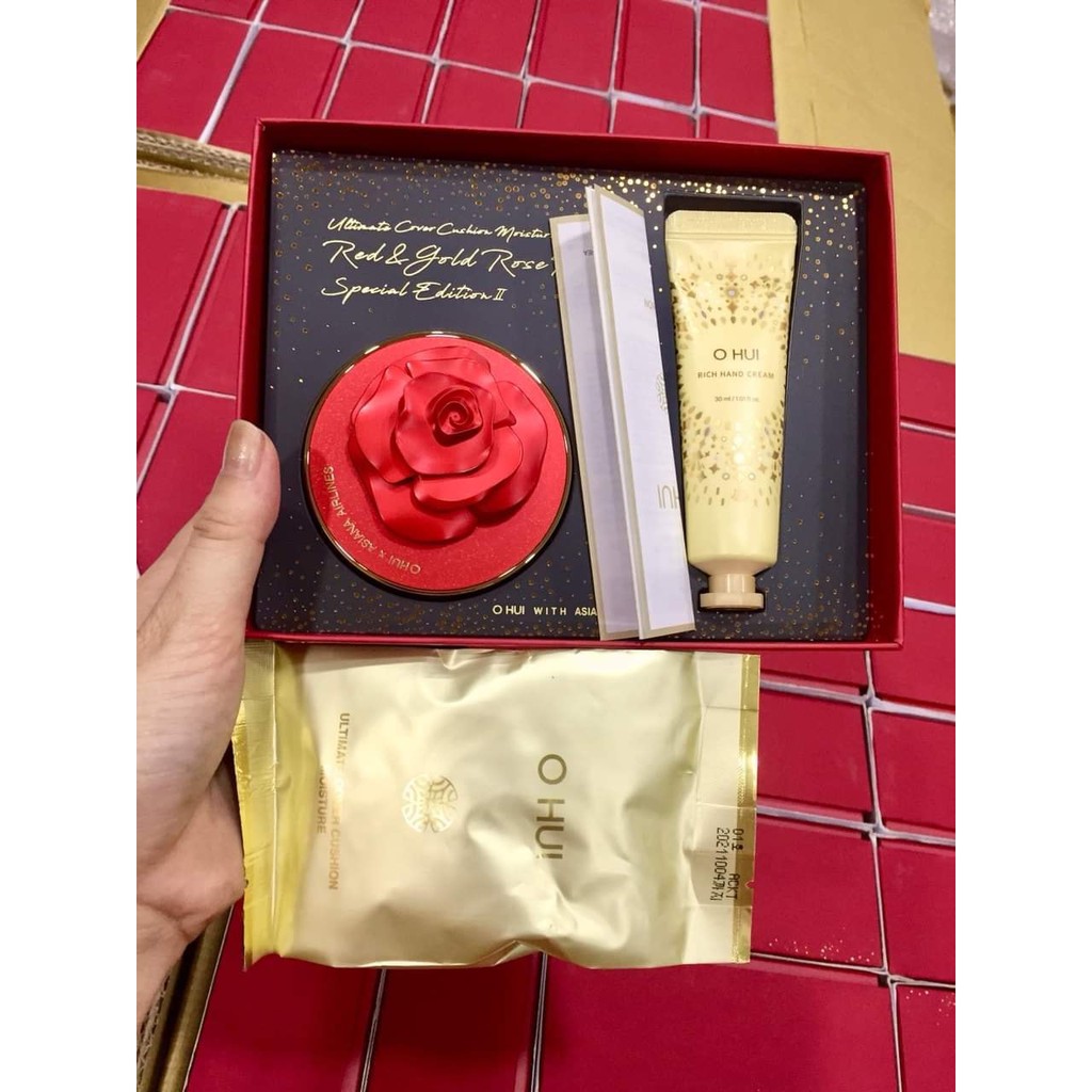 et Phấn Nước + Kem Dưỡng Tay Ohui Ultimate Cover Cushion Moisture Red & Gold Rose Petal Special Edition II