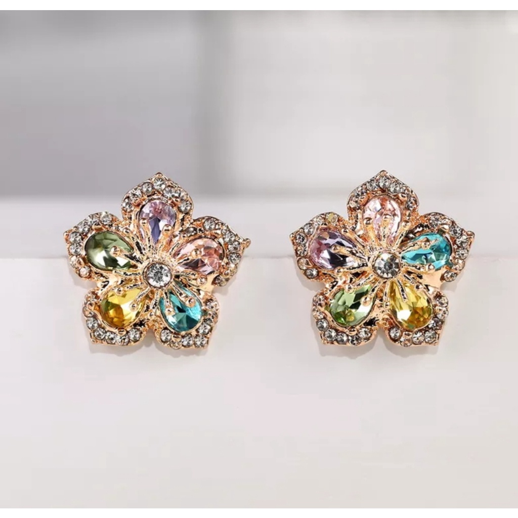 Bông tai cao cấp S925.Bông tai thiêt kế hoa 5 cánh đính đá sắc màu.
