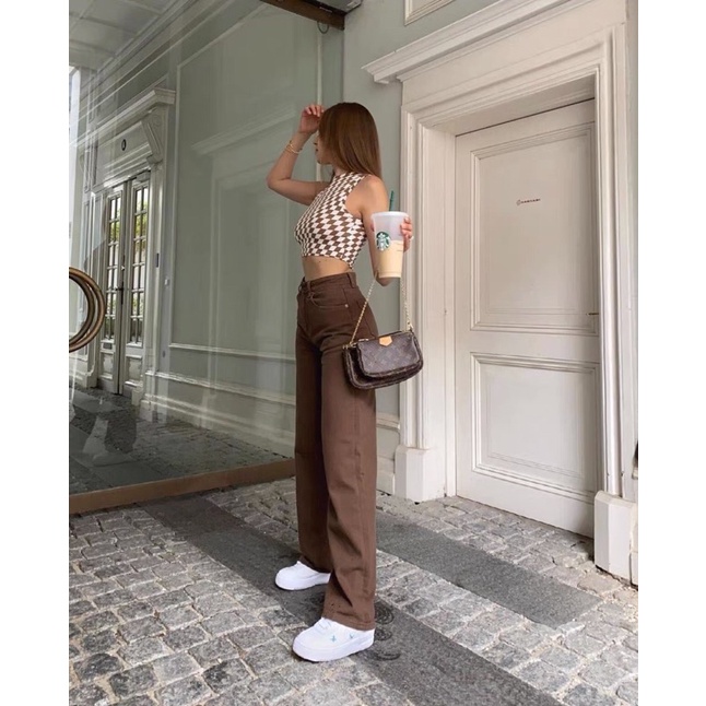 8604 | Quần Dài Kaki Nâu Unisex Dáng Rộng Cạp Cao Phom Tôn Đang Nam Nữ Phong Cách Hàn Quốc