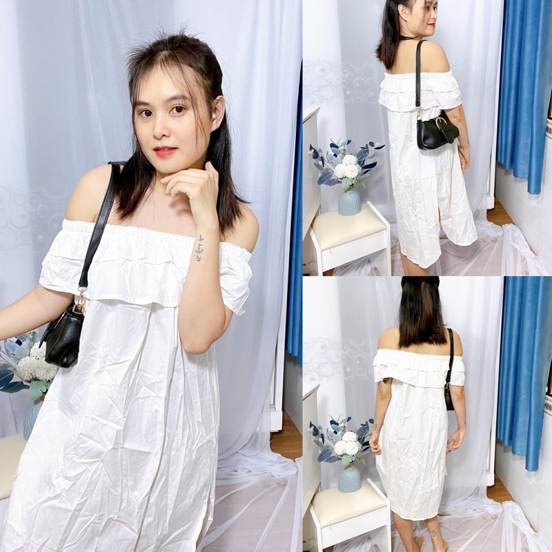 Đầm bẹt vai dài chấm gối xẻ hông free size bầu bí thoải mái màu trắng