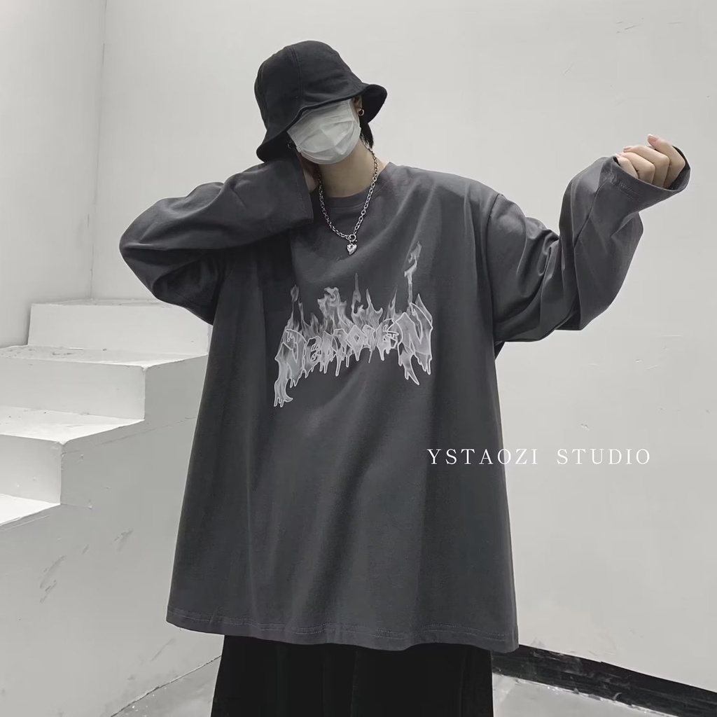 Áo Thun Tay Dài Dáng Rộng In Chữ Phong Cách Hip Hop Nhật Bản Thời Trang Cho Nam Và Nữ Size M-5XL