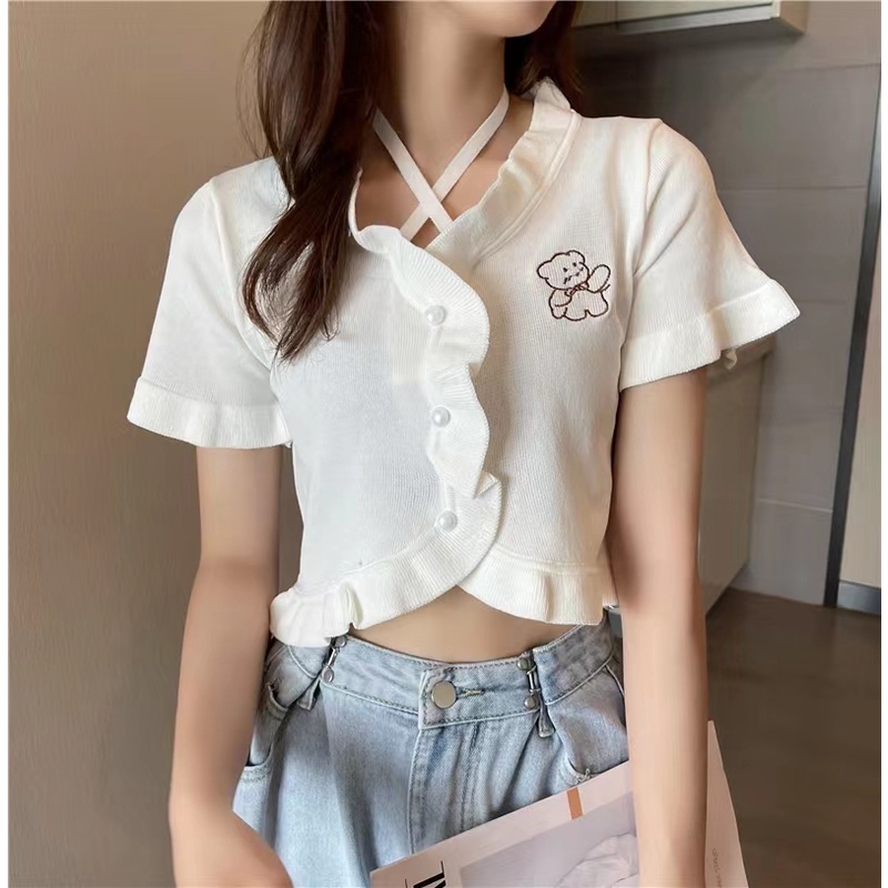 Áo croptop dệt kim thiết kế tay ngắn gợi cảm