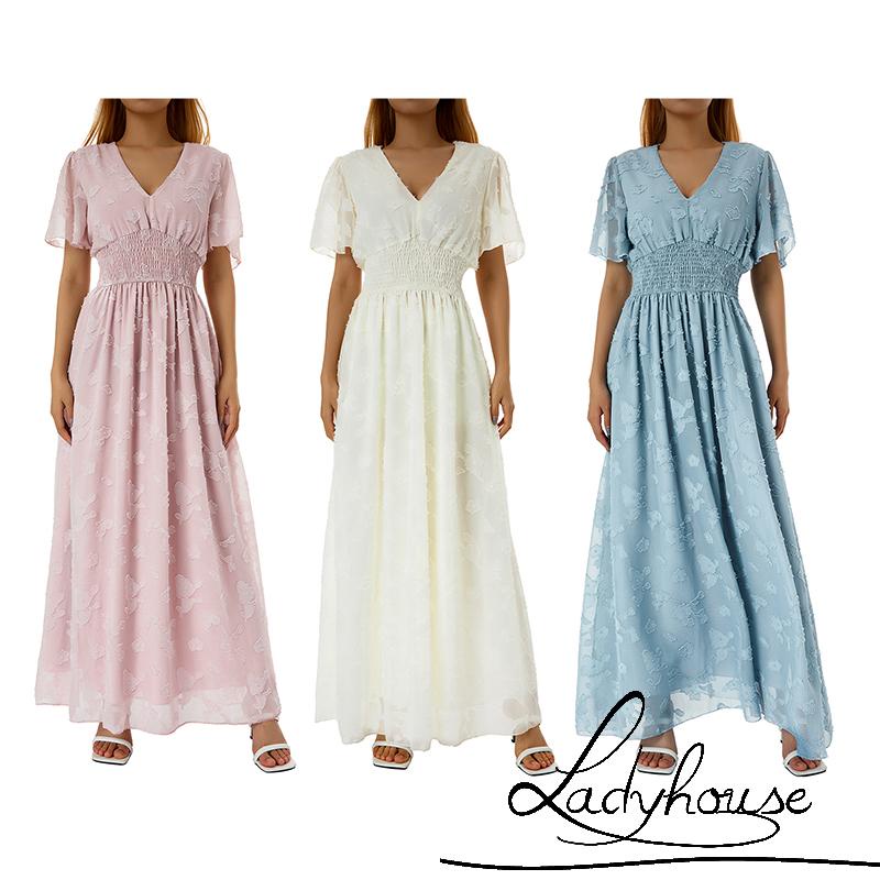 Đầm Tay Loe Ngắn Cổ Chữ V Màu Trơn In Họa Tiết Độc Đáo Thời Trang Mùa Hè Cho Nữ