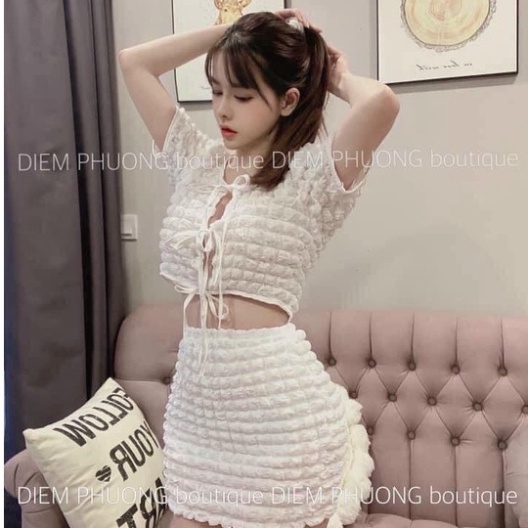 Set bộ croptop đũi xốp ô nổi mix chân váy ngắn chữ a BN488 0322