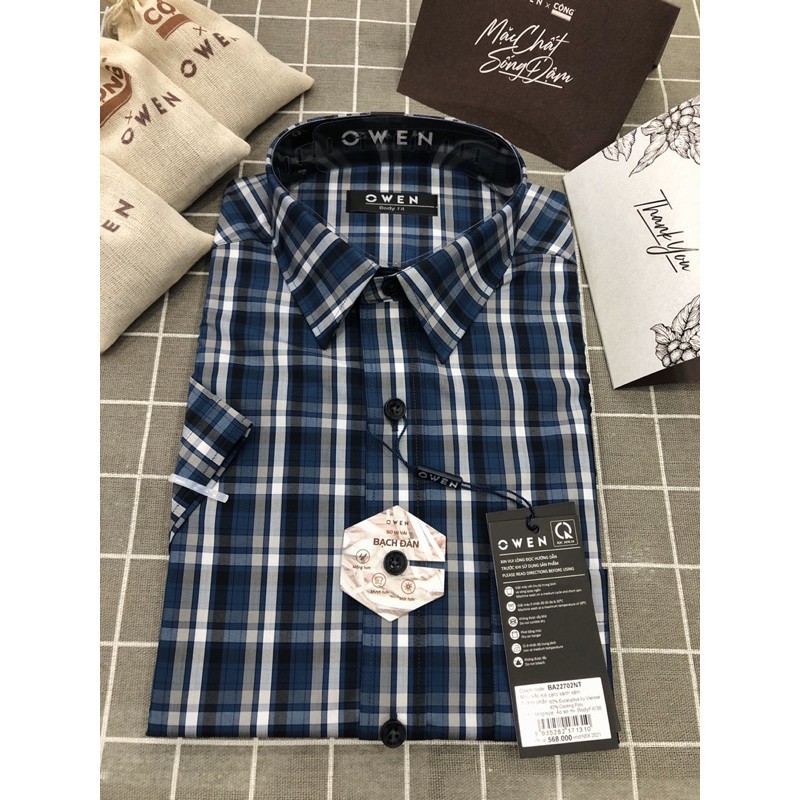 Áo Sơ Mi Nam Ngắn Tay Owen BA22702NT Somi Cộc Tay Công Sở Cao Cấp Kẻ Caro Xanh Xám Sợi Bạch Đàn Dáng Body Fit Tà Bằng | BigBuy360 - bigbuy360.vn