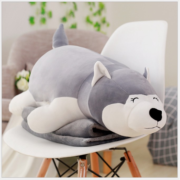 CHĂN GỐI VĂN PHÒNG ❤️FREE SHIP❤️ Gối mền chó Husky nhỏ 3 trong 1, nỉ nhung cực mịn bộ chăn gối văn phòng