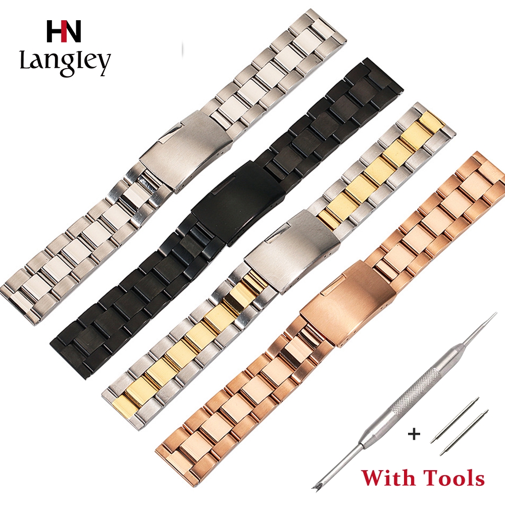 16 18 20 22 24 26 28 30 Big Size Solid Three Beads Flat Head Full Stainless Steel Wristwatch Band