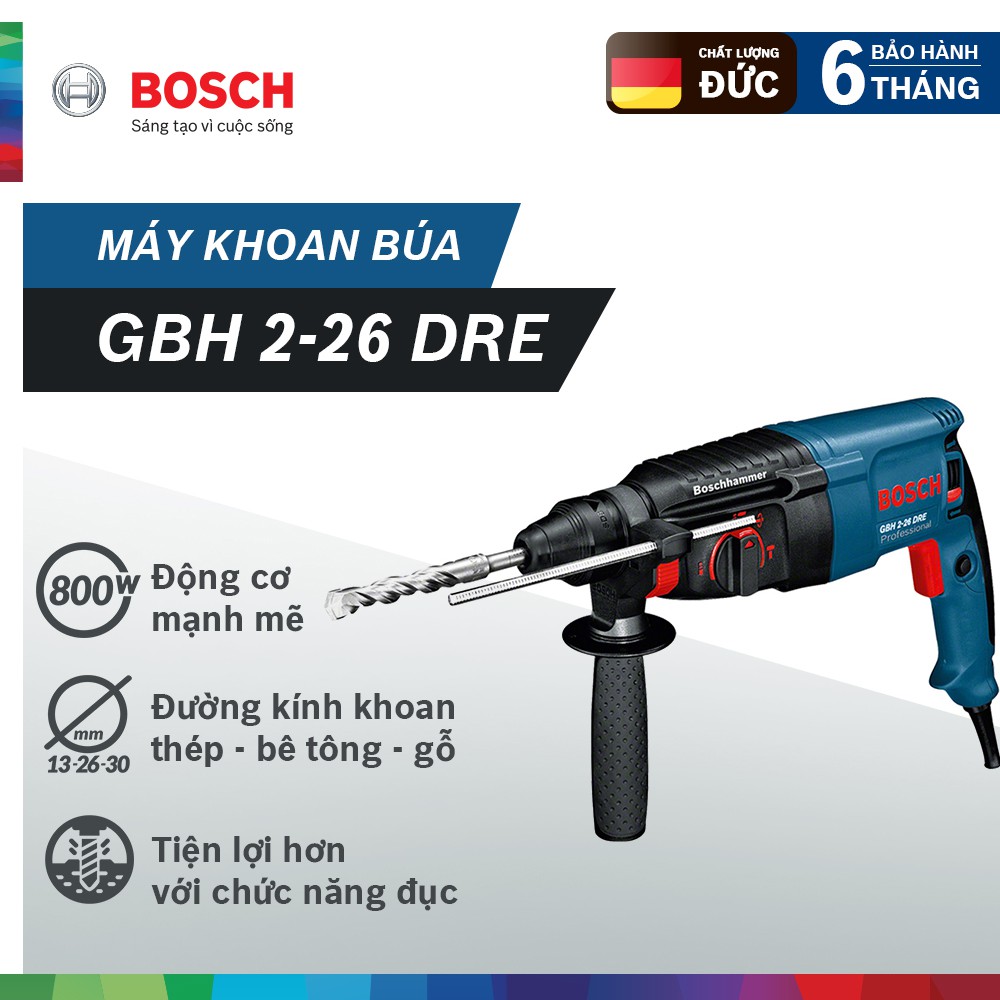 Máy khoan bê tông Bosch GBH 2-26 DRE 800W - Tặng mũi khoan betong Bosch 8mm