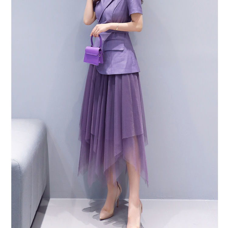 Mới Chân Váy Maxi Chữ A Lưng Cao Co Giãn Phối Lưới Màu Tím Phong Cách Hàn Quốc Cho Nữ