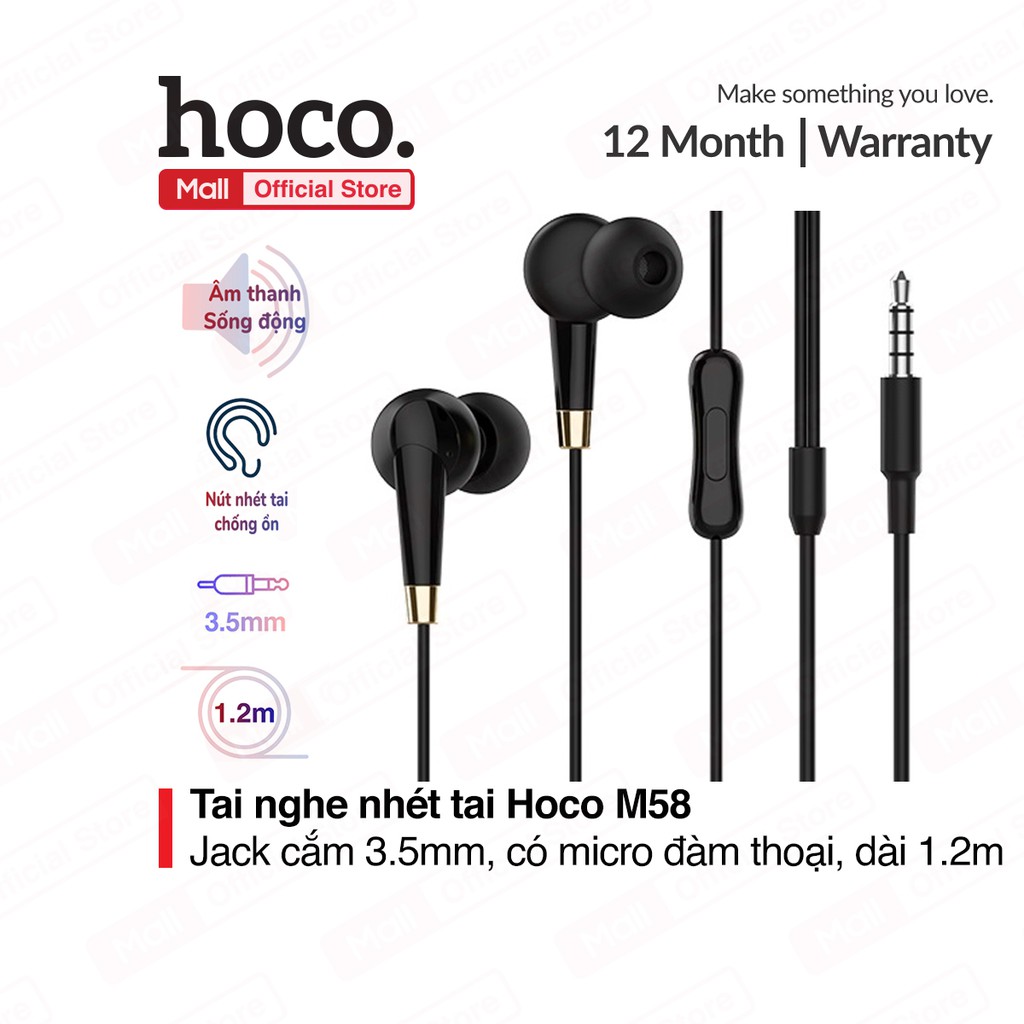 Tai nghe nhét tai Hoco M58 đầu cắm 3.5mm, nút cao su chống ồn, có micro đàm thoại, nút điều khiển đơn, chiều dài 120cm