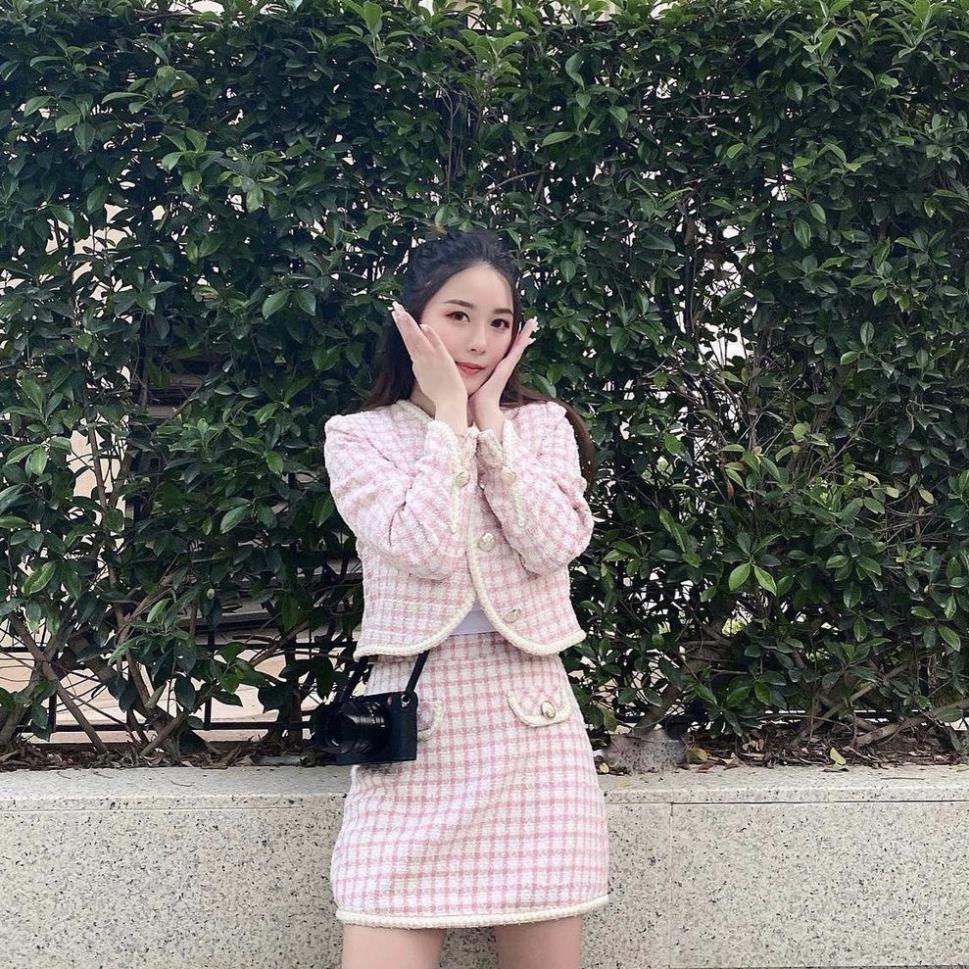 KJ Chân váy tweed caro hồng 2 cúc cạp cao tingoan ROSIE SAKURA SKIRT/PK (có quần trong)