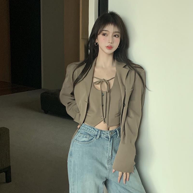 Set Áo Vest + Áo Vest + Quần Dài Ống Rộng Lưng Cao Phong Cách Retro Mùa Thu Mới Cho Nữ