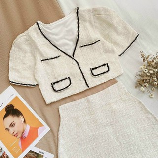 Set croptop dạ 2 túi , chân váy