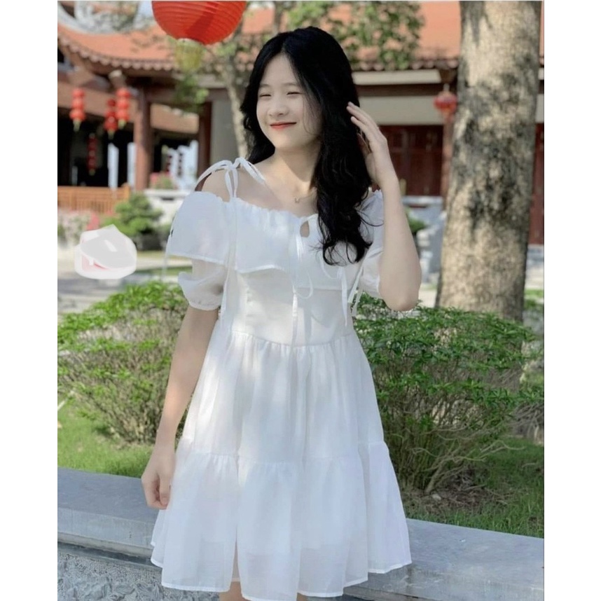 Váy 2 dây buộc nơ vai Vintage Nữ [FREESHIP🌸Đầm dáng ngắn, babydoll bánh bèo tiểu thư Ulzzang sang chảnh Hàn Quốc Maxi