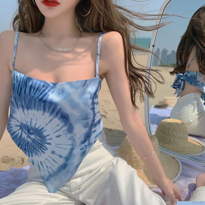 Áo Croptop Hai Dây Hở Lưng Thắt Nơ In Họa Tiết Thời Trang Quyến Rũ Cho Nữ