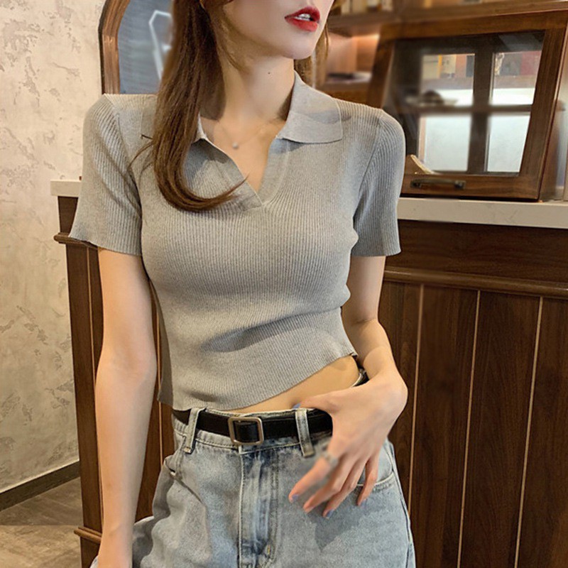 Áo Thun Dệt Kim Cổ Chữ V Tay Ngắn Màu Trơn Thanh Lịch