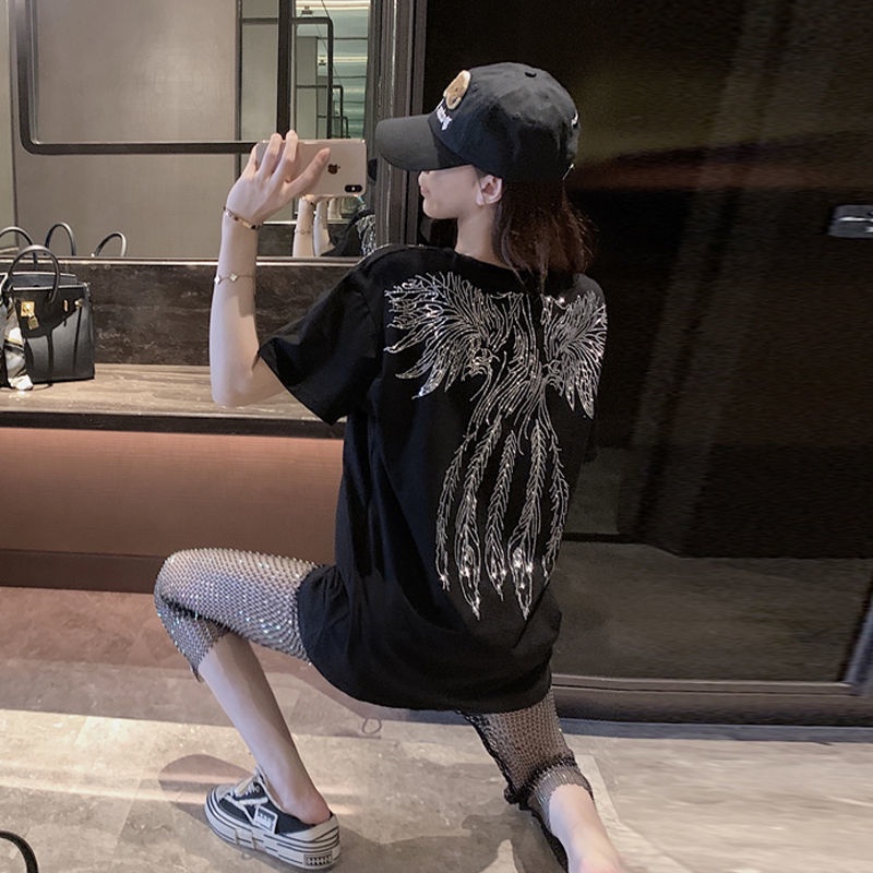 Jiashucheng Áo Thun Tay Ngắn Màu Đen In Hình Đôi Cánh Đính Đá Phong Cách Đường Phố Châu Âu Thời Trang Xuân Hè Cho Nữ