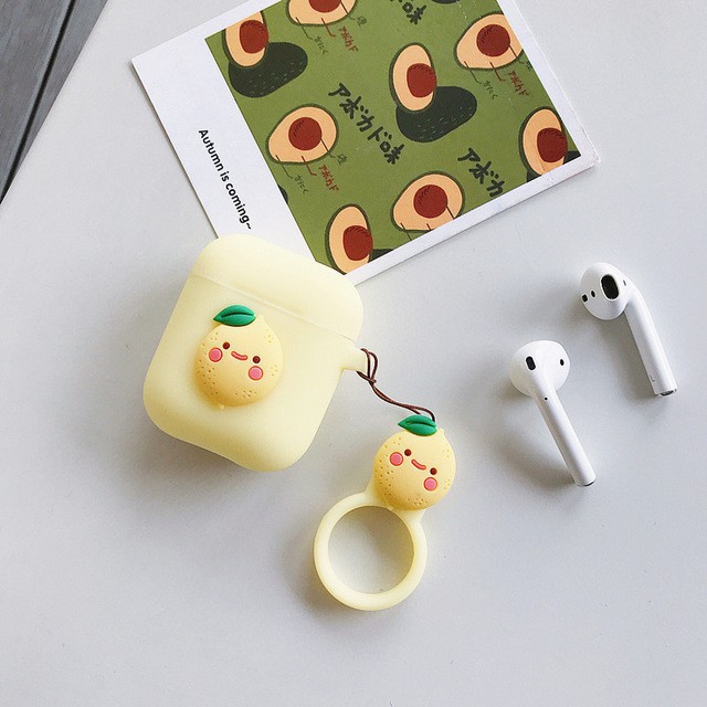 Cute Cartoon Fruit  Apple Airpods 1/2 Silicone Case Avocado Strawberry Lemon Peach Headphone Cases With Ring Lanyard