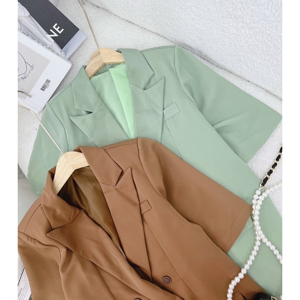 [FREESHIP] Áo khoác Blazer Vest trơn tay ngắn túi nắp màu Xanh mint Nâu NÀNG CLOSET