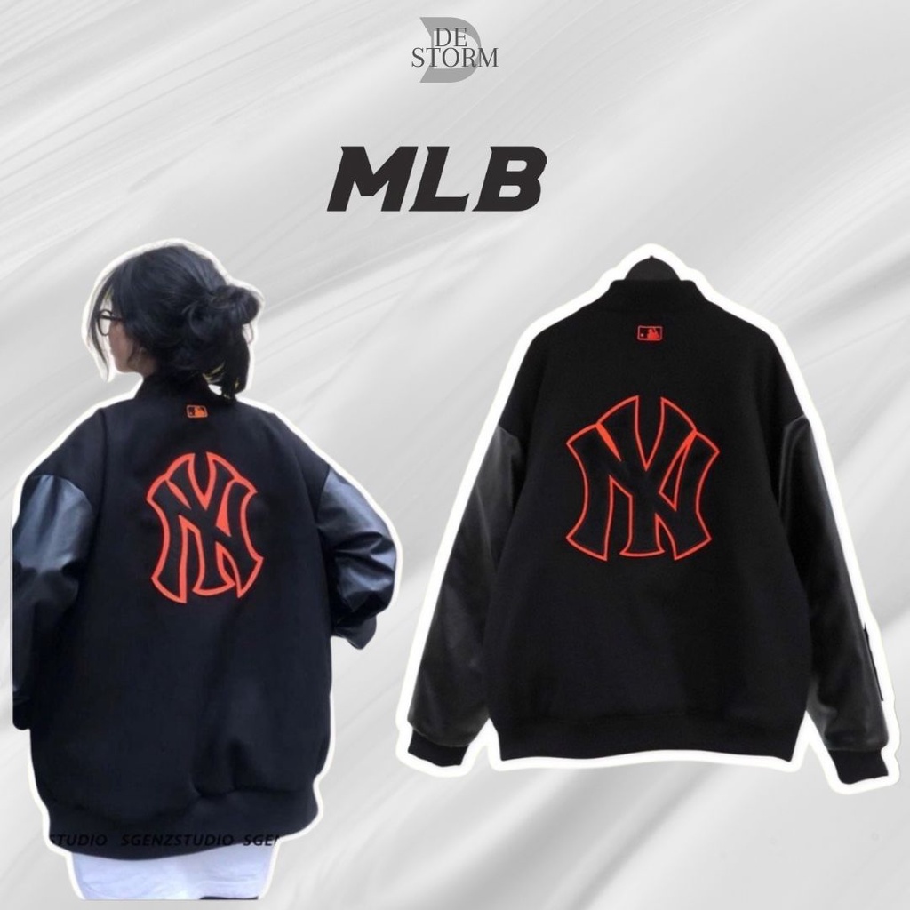 Áo khoác Bomber Varsity M.L.B Ny Thêu Logo Cam Form Rộng Phối Tay Da - Best Quality  - De Storm
