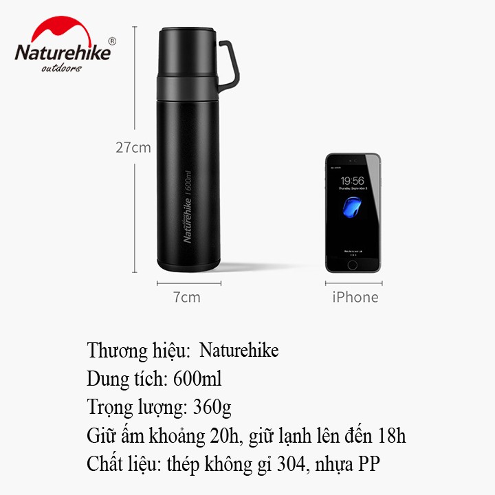 Bình giữ nhiệt Naturehike 600ml cao cấp chính hãng, bình nước 4 lớp, giữ nhiệt thời gian dài có 2 cốc uống nước tiện lợi