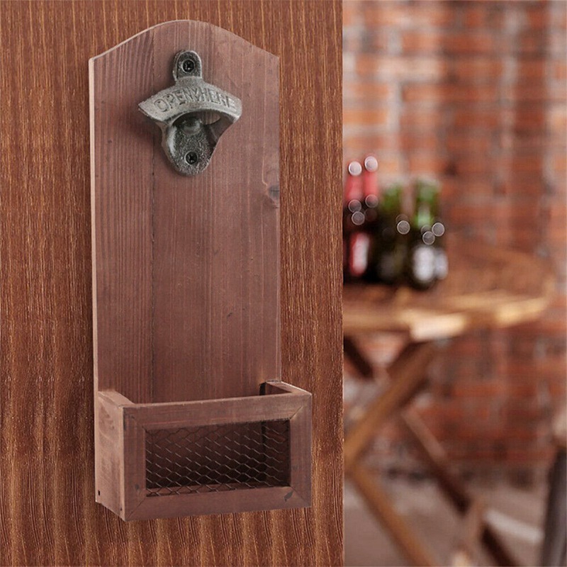 Dụng cụ khui nắp chai bia bằng gỗ gắn tường kèm nắp kim loại phong cách cổ điển