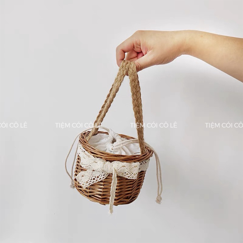 Túi mây tròn nơ ren xách tay vintage, phụ kiện thời trang đi biển, chụp ảnh - Tiệm Cói Cô Lê