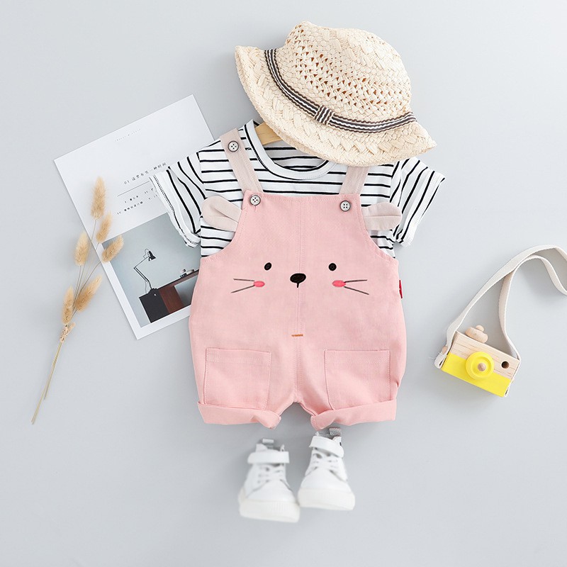 Bộ áo thun cổ tròn ngắn tay + Quần yếm cho bé