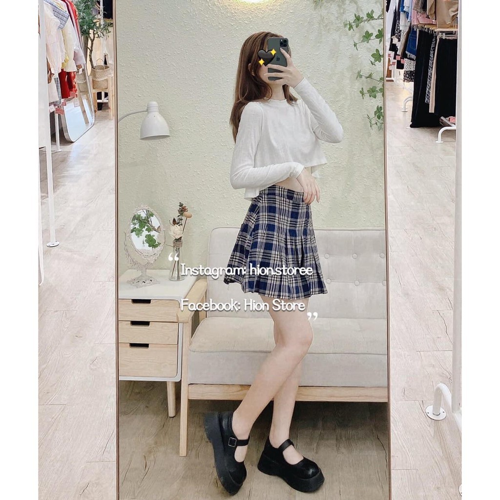 Sét áo croptop thun dài tay kèm Chân Váy ngắn Tennis kẻ kèm video/ảnh thật