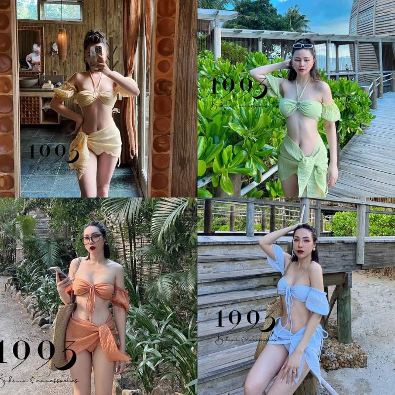 Set bikini bộ bơi đồ bơi nữ đi biển cúp ngực phối khoen tay phồng kèm khăn quấn EVA S3MTBK