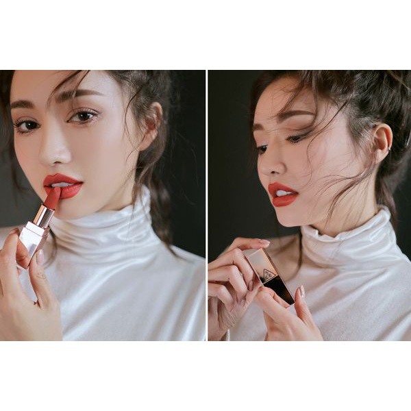 SON 3CE MATTE LIP COLOR VỎ VÀNG MÀU 228 RED SEVENTIES – MÀU ĐỎ TRẦM PHA CAM HỒNG