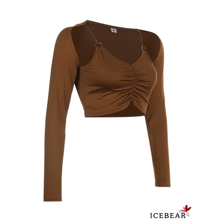 ICE-Women´s Crop Tops Solid Color Deep V Neck Long Sleeves Cropped Navel Shirt Blouse