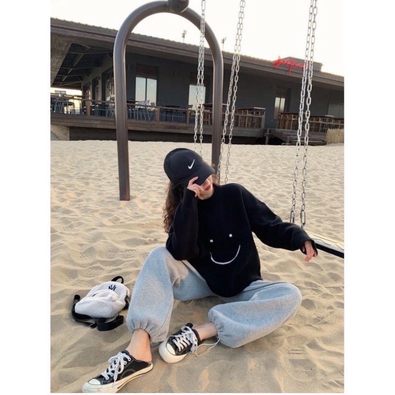 Sweater Kèm Quần Jogger Set Bộ Nỉ Nữ Hàn Quốc Áo Mặt Cười Dài Tay Kèm Quần Jogger Dáng Rộng Siêu Xinh - KD