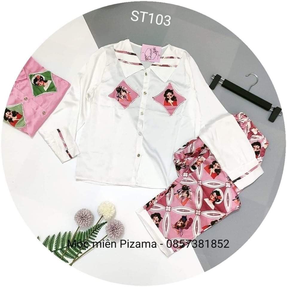 Bộ Pyjama mặc nhà chất lụa satin cao cấp, đồ bộ lụa kiểu dáng hiện đại dành cho người dưới 60kg