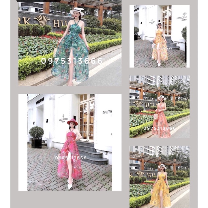 Váy Maxi Cổ Yếm Hở Lưng, Đầm Maxi Đi Biển V91A, Họa Tiêt Hoa Chất Voan, Xẻ Tà, Hack Dáng, Khoe Chân Dài Miên Man