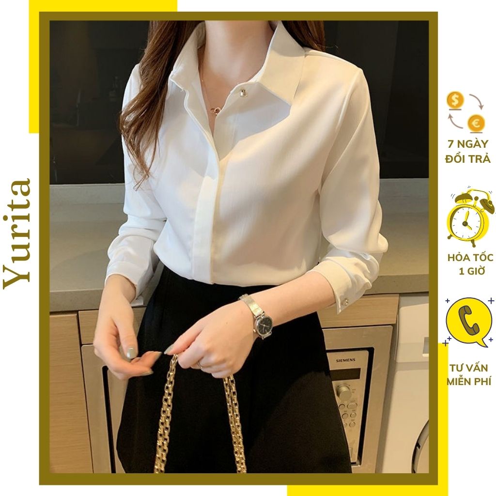 Áo Sơ Mi Nữ Công Sở Màu Trắng Cổ ĐứcYURITA Kiểu Hàn Quốc Vintage Ulzzang Form Rộng Dài Tay Đẹp Chất Lụa Cao Cấp A2T