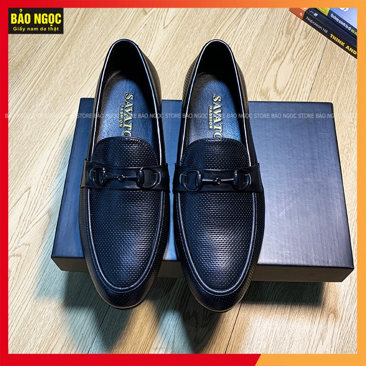 Giày Lười Nam Da Bò Dập Vân Chấm Nhỏ Cao Cấp Băng Xích Đen - Bảo Hành Da 12 Tháng - Đế Cao Su Đúc - Mã K2218