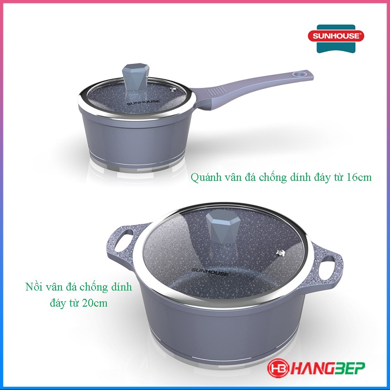 Bộ đôi nồi quánh vân đá chống dính đáy từ Sunhouse 16cm &amp; 20cm