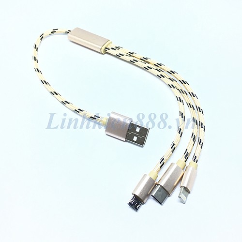 Cáp USB Ra 3 Đầu Micro USB, Apple Và Type-C Dài 30cm Màu Vàng