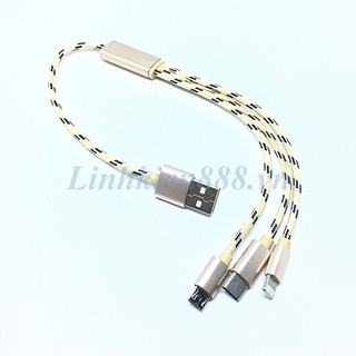 Cáp usb ra 3 đầu micro usb, apple và type-c dài 30cm màu vàng