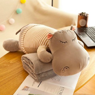 Gấu Bông Có Mền - Chăn Gối Văn Phòng 3in1 Hà Mã Xám