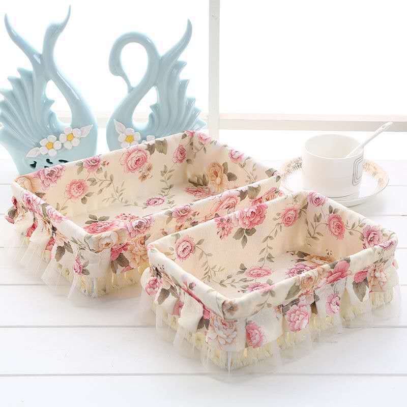 Pastoral Lovely Desktop Storage Box Cosmetics Basket Sundries Basket Lace Fabric Key Remote Control Storage Small Basket