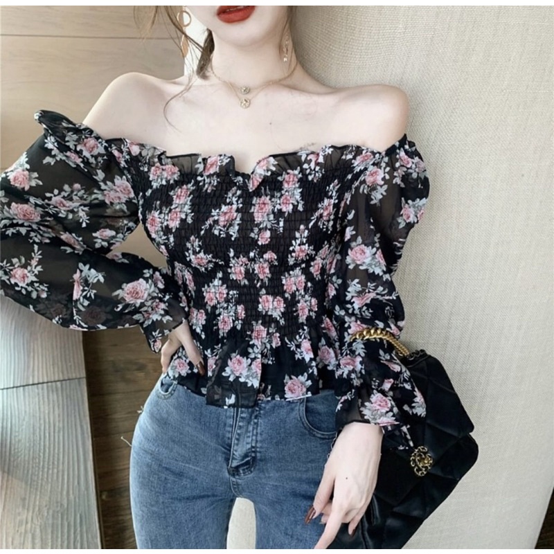 Áo kiểu tay dài cánh dơi trễ vai hoa nhí voan chun co dãn - Order taobao quảng châu