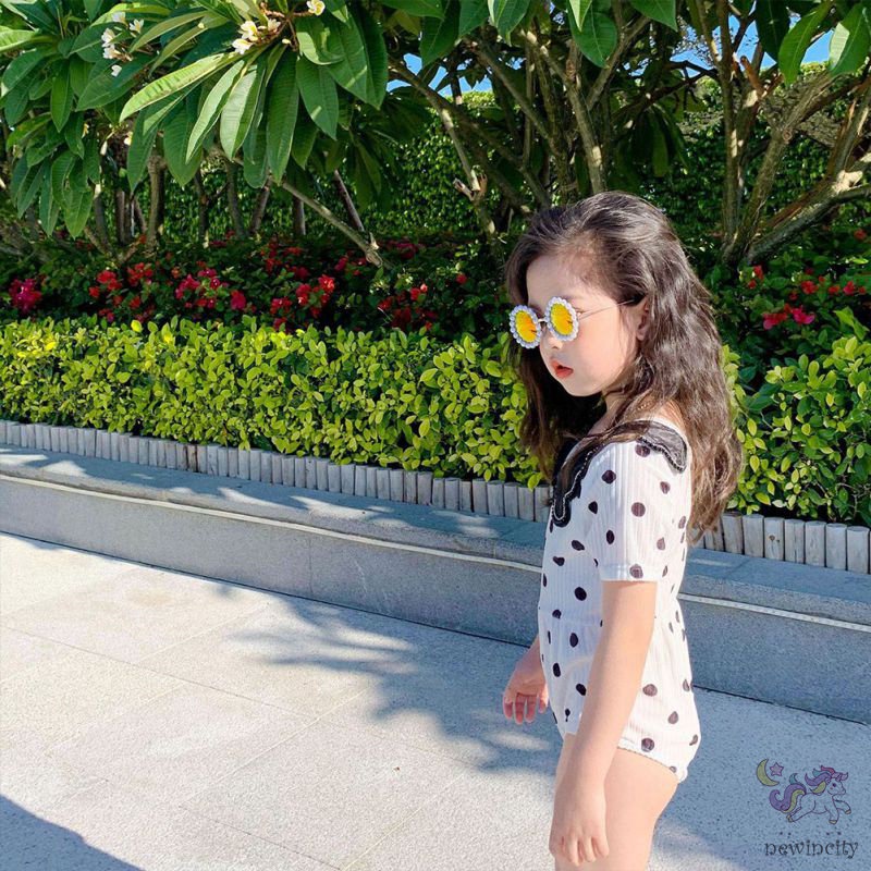 Bộ Đồ Bơi Cổ Búp Bê Kèm Mũ Họa Tiết Chấm Bi Phong Cách Hàn Quốc Cho Bé Gái