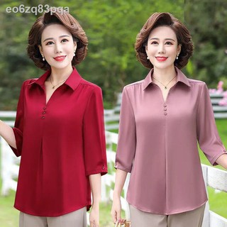 áo sơ mi nữ2021 quần áo mùa xuân mới của phụ nữ trung niên và cao tuổi dài bảy tay cộng với size rời cho mẹ hè s