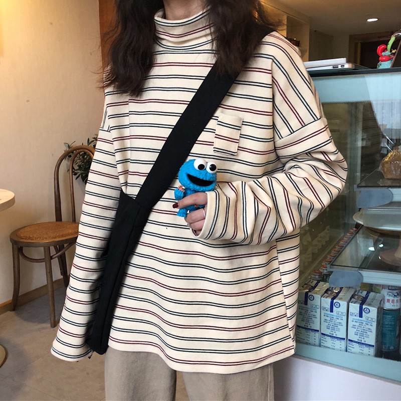 Có sẵn | Áo nỉ ulzzang cổ cao kẻ ngang MS2043