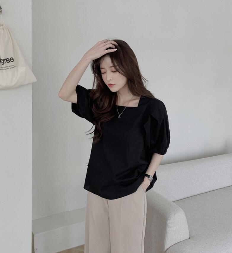 SUXI Áo kiểu cổ vuông tay ngắn phong cách Hàn Quốc thời trang xinh xắn dành cho nữ