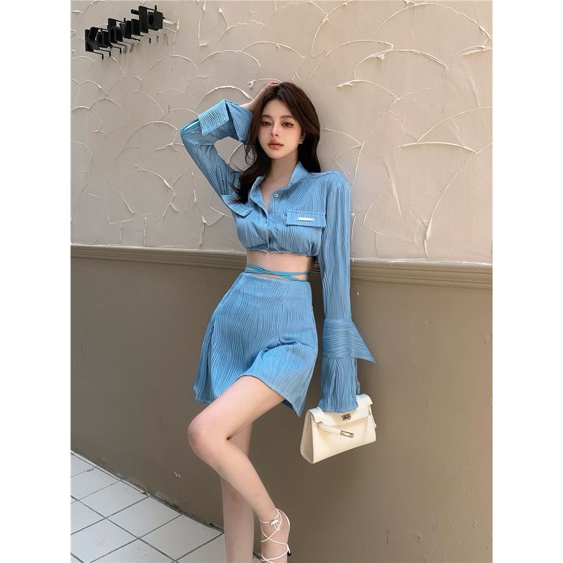 Set Áo Sơ Mi Lưng Cao + Chân Váy Cột Dây Thời Trang Hè 2022 Mới Cho Nữ