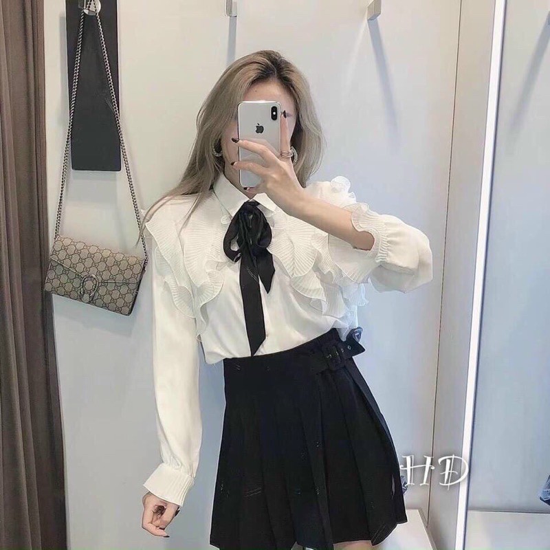 [Mã WASKT304 giảm 15% tối đa 30K đơn 99K] áo sơ mi trắng cổ tay bèo( dây nơ đen) | BigBuy360 - bigbuy360.vn