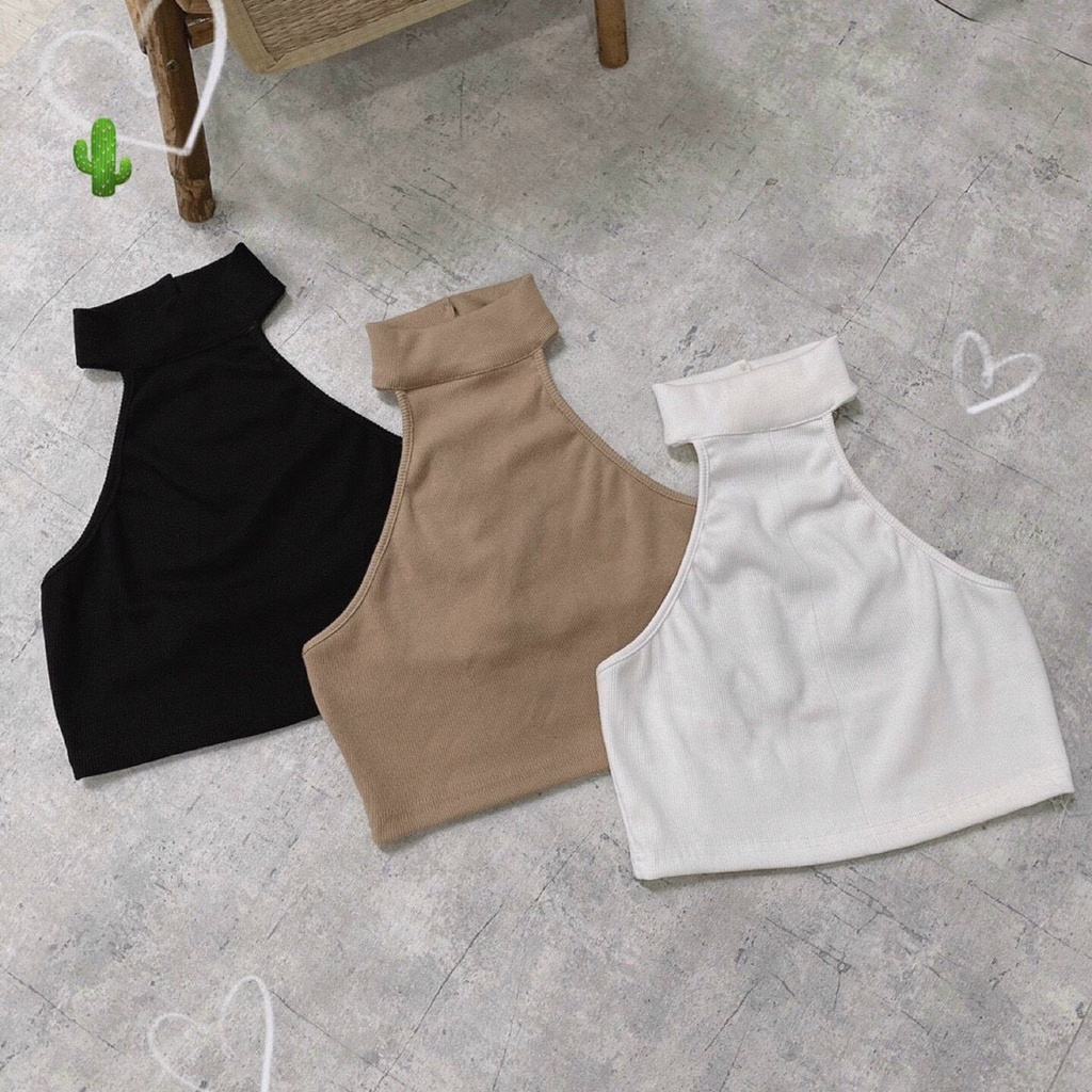 Áo yếm croptop thun gân hở lưng full tem mác PC - áo yếm lai dợn sóng cổ cao HP